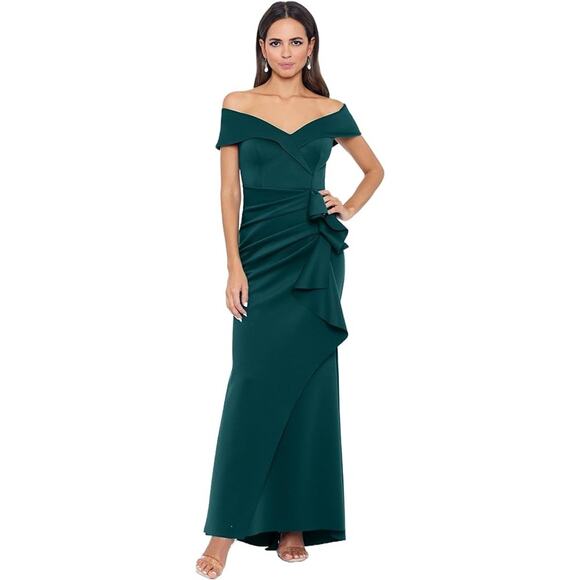 Xscape Women's Long Off Shoulder Sweetheart Neck Side Ruffle Gown, Sz 14P Hunter - Picture 12 of 14